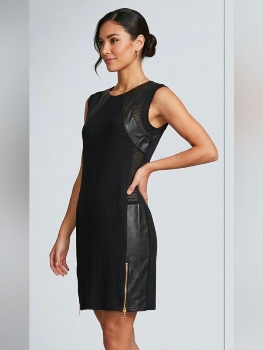 743. House of Eleven Mixed Media Leather Mesh Shift Dress Black Medium (G2)